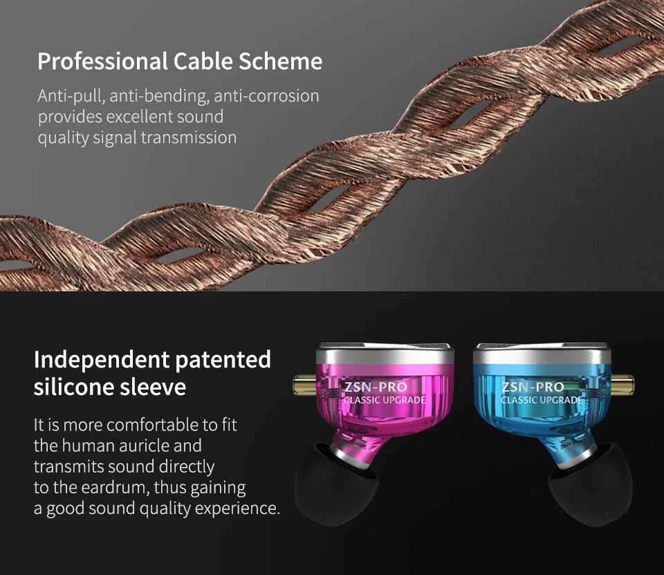 "KZ ZSN PRO Hybrid In-Ear Earphones – Metal Bass, HiFi Sound, Replaceable Cable"