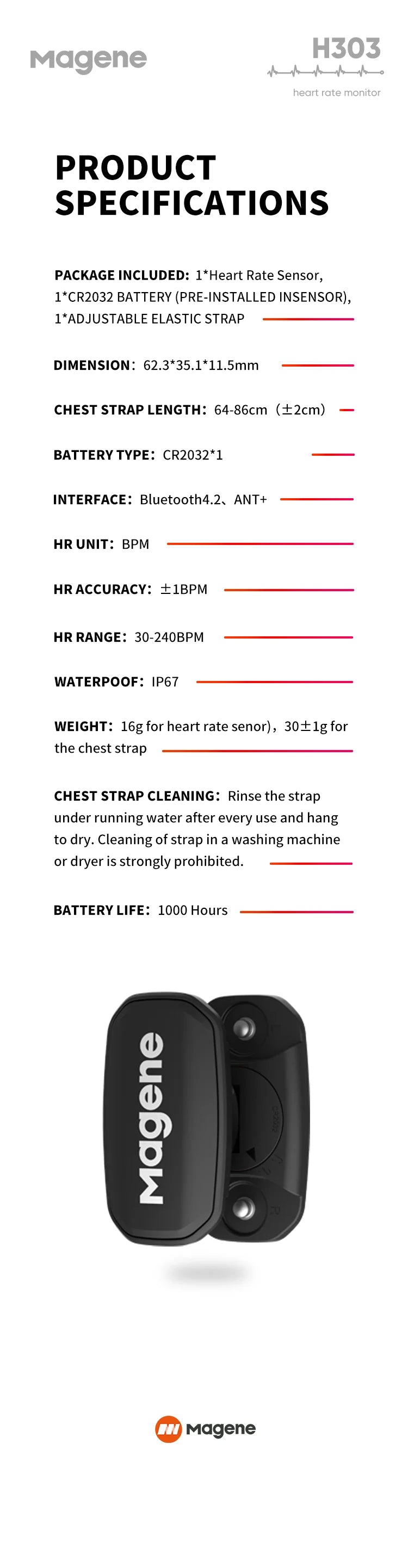 Magene H303 Heart Rate Monitor – Dual Mode Chest Strap with Bluetooth & ANT+"
