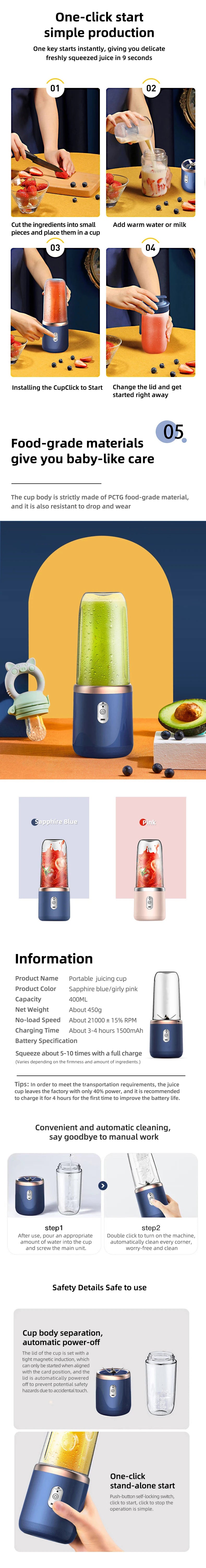 "Portable USB Blender – 400ml Smoothie Maker for Fruits & Shakes (2 Cups)"