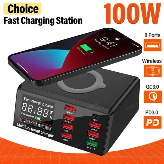 "100W 8-Port USB Charging Station – Wireless + Quick Charge with Digital Display"